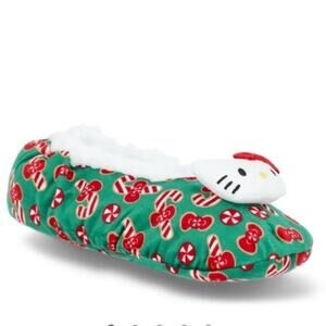 Hello Kitty Womens Holiday Fuzzy Babba Slipper Socks Green Candy Print Size 7-9.